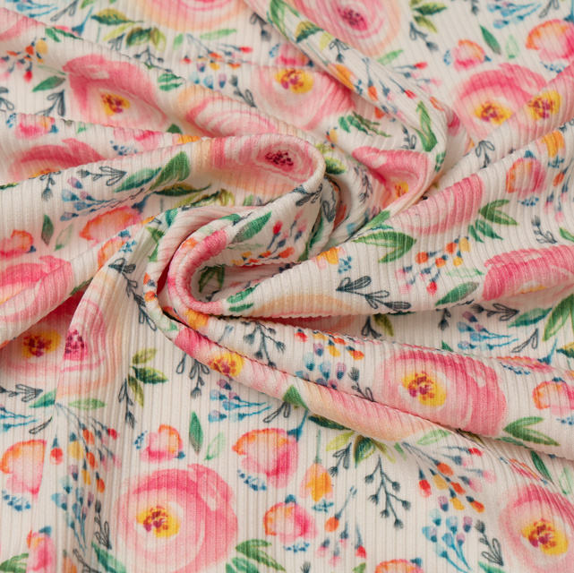 Custom Rib Knit Textile Fabric 90%Polyester 10%Spandex Printed Ribbed Knit Stretch Fabric for Swimwear Yoga Garment