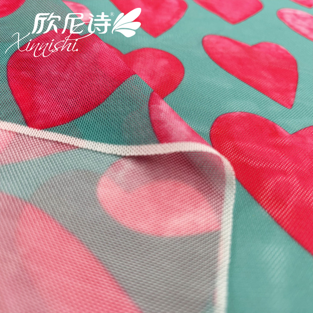 93% Polyester 7% Spandex Heart Printed Design Mesh Fabric for Dress Underwear Garment