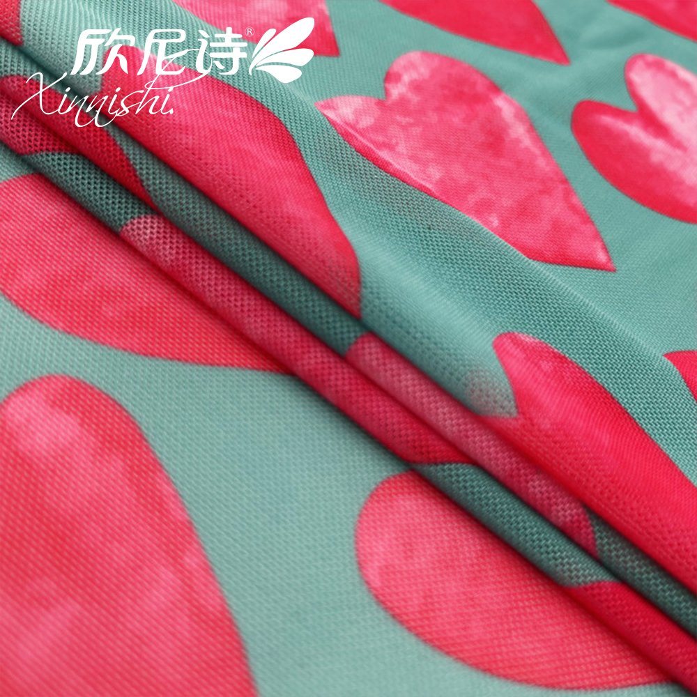 93% Polyester 7% Spandex Heart Printed Design Mesh Fabric for Dress Underwear Garment