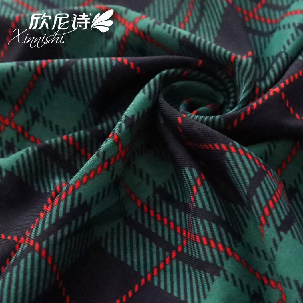 High Elastics 90% Polyester 10%Spandex Green Plaid Design Printing Textile Fabric Single Jersey for Garment